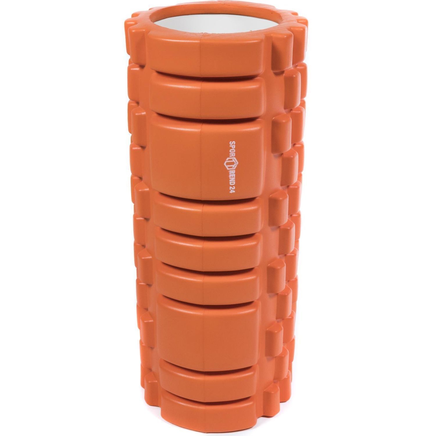Orange Faszienrolle mit Noppen. Zylindrische Form, strukturierte Oberfläche.