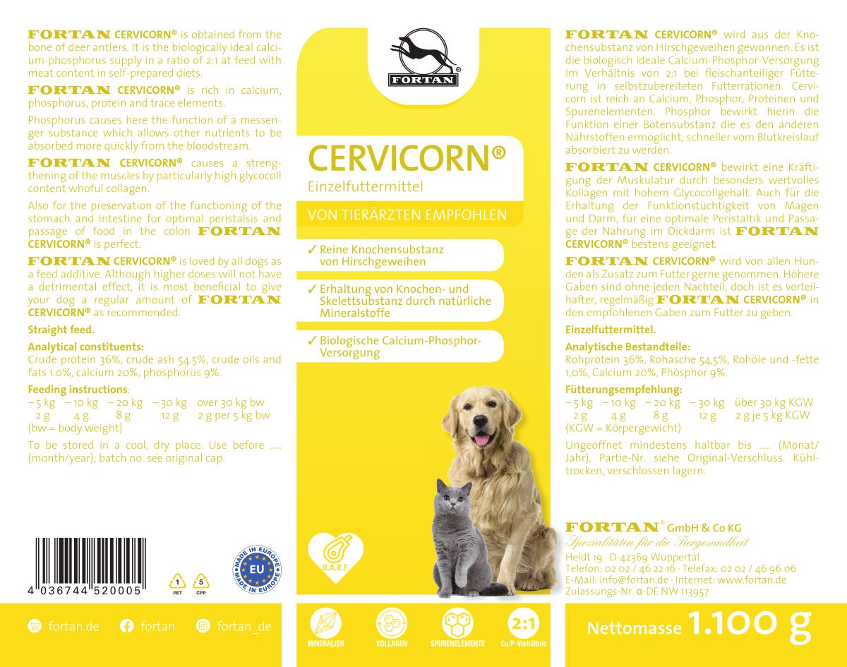 Etikett mit Produktname CERVICORN und Logo. Text in Deutsch. Abbildung von Hund und Katze. Nettomasse 1.100 g.