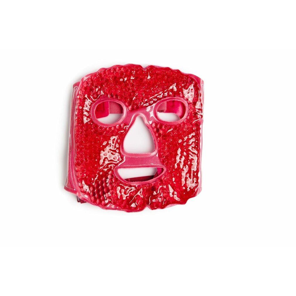 Rote Gesichtsmaske. Augen- und Mundöffnungen. Gelartige Oberfläche. Klettverschlüsse.