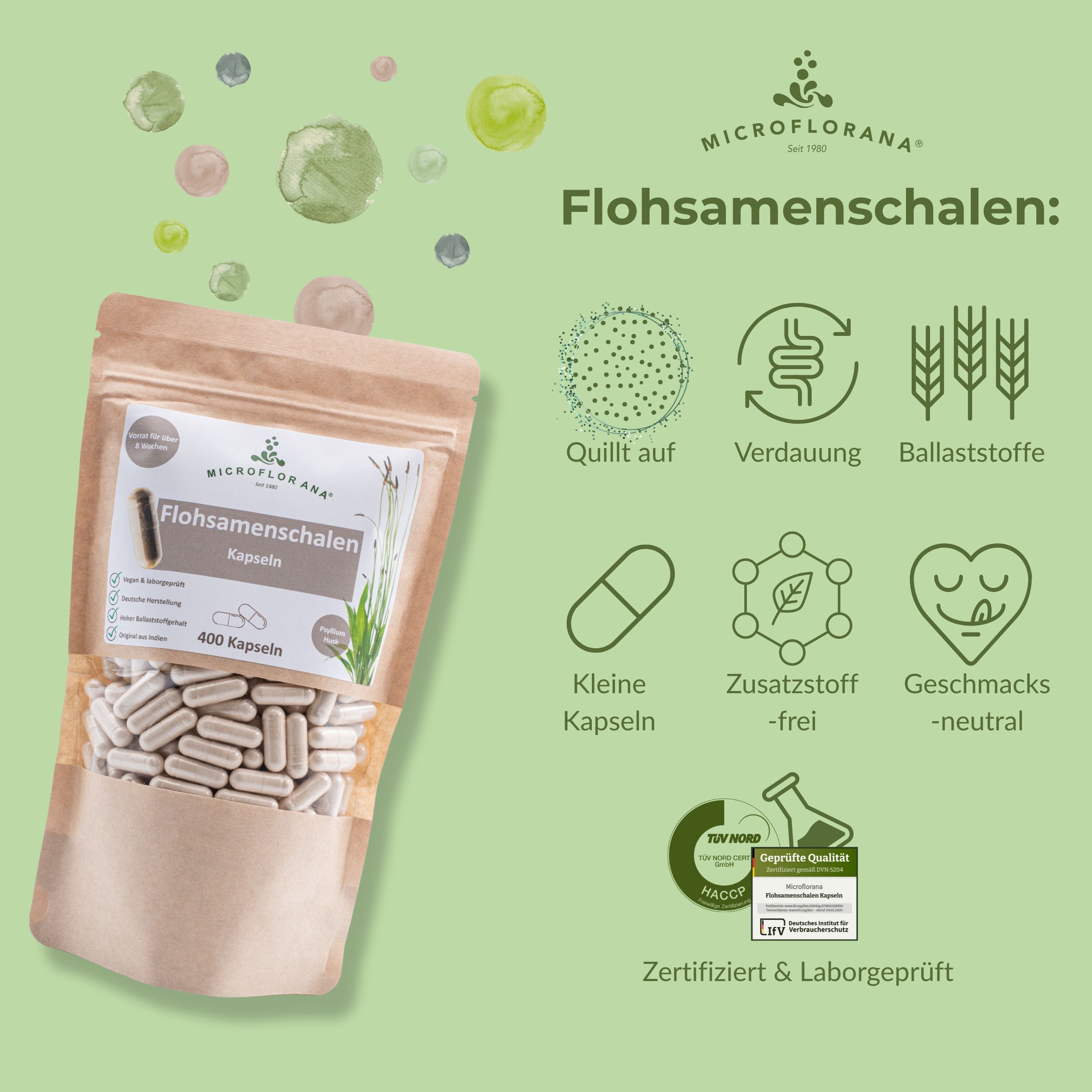 Produktabbildung mit Kapseln, Beutel, Icons. Text: MICROFLORANA Flohsamenschalen. Kleine Kapseln, Zusatzstoff-frei, geschmacksneutral.