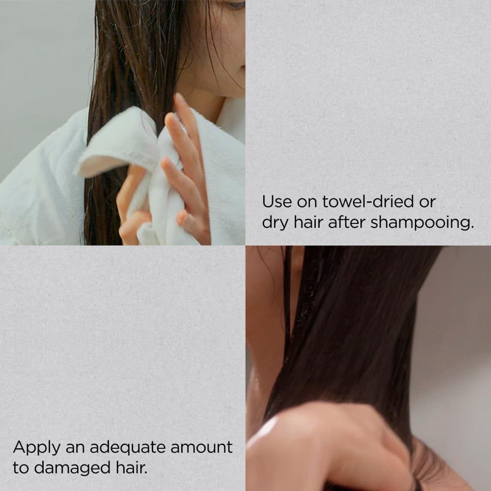 Frau trocknet nasse Haare mit einem Handtuch und trägt dann ein Haarprodukt auf.