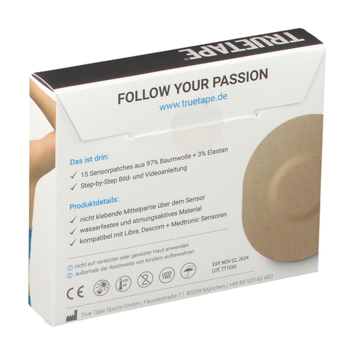 Rückseite der TRUETAPE® SENSORPATCH Verpackung. Produktinformationen, Inhaltsstoffe, CE-Kennzeichnung.
