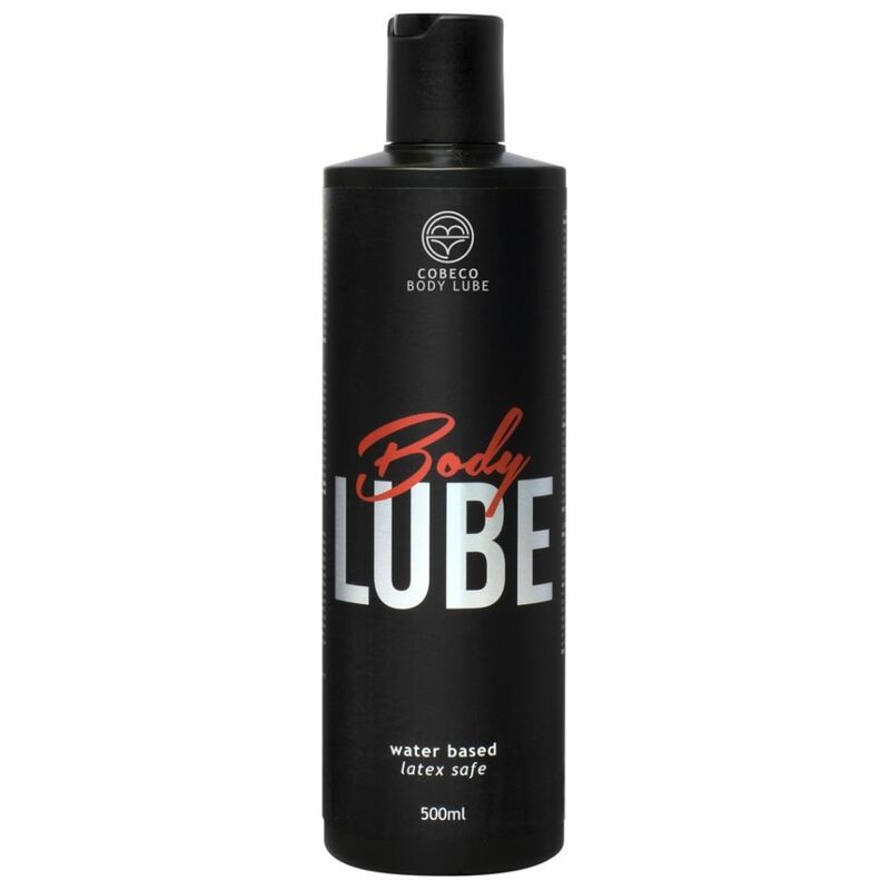 Schwarze Flasche Cobeco Body Lube. Rote und weiße Schrift. Wasserbasiert, latexfrei. 500ml.