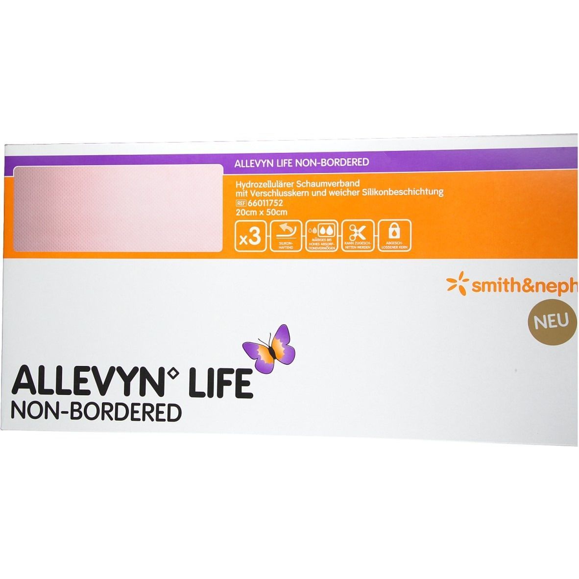 Verpackung von ALLEVYN® LIFE Non-Bordered. Hydrozellulärer Schaumverband. Größe: 20cm x 50cm. Enthält 3 Stück. Marke: smith&nephew. Mit Siegel "NEU".