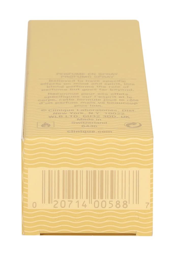 Aromatics Elixir Parfum Spray Umverpackung mit Wellenmuster, floralem Emblem und Barcode.