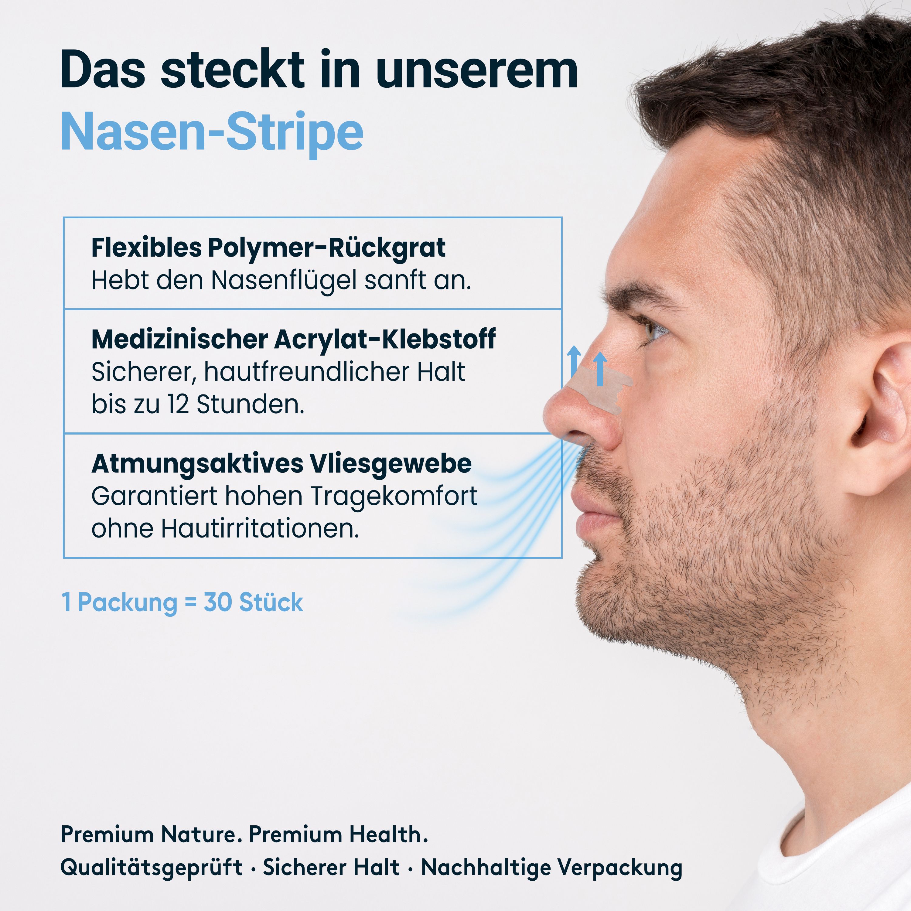 Mann mit Nasen-Stripes. Text: Flexibles Polymer-Rückgrat, medizinischer Acrylat-Klebstoff, atmungsaktives Vliesgewebe. 1 Packung = 30 Stück.