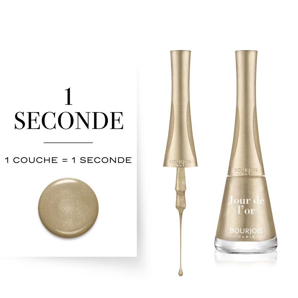 Nagellackflakon, Pinsel und Farbmuster. Text: "1 SECONDE", "1 COUCHE = 1 SECONDE".