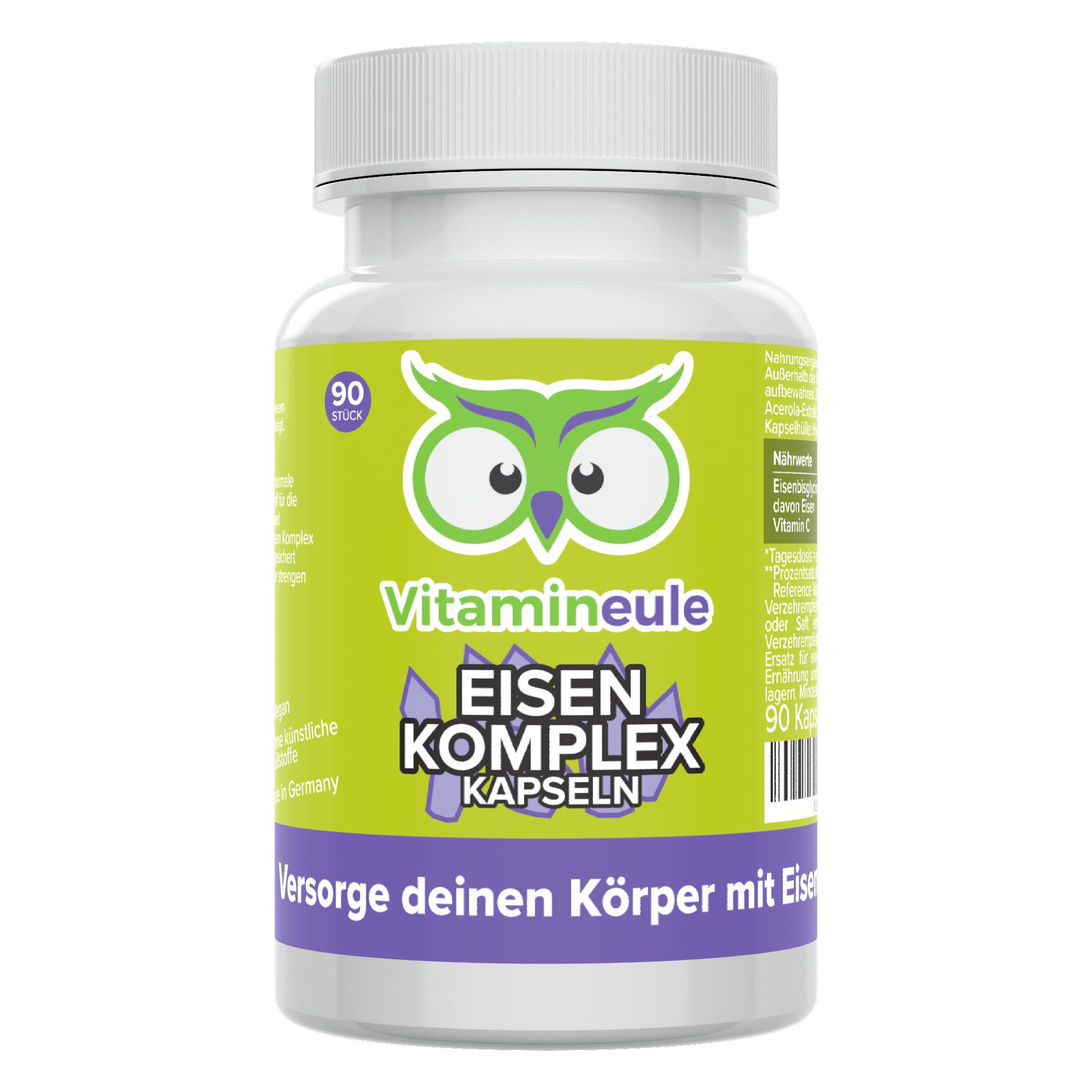 Weiße Flasche mit grüner Etikett. Aufschrift: Eisen Komplex Kapseln, Vitamineule. 90 Kapseln.