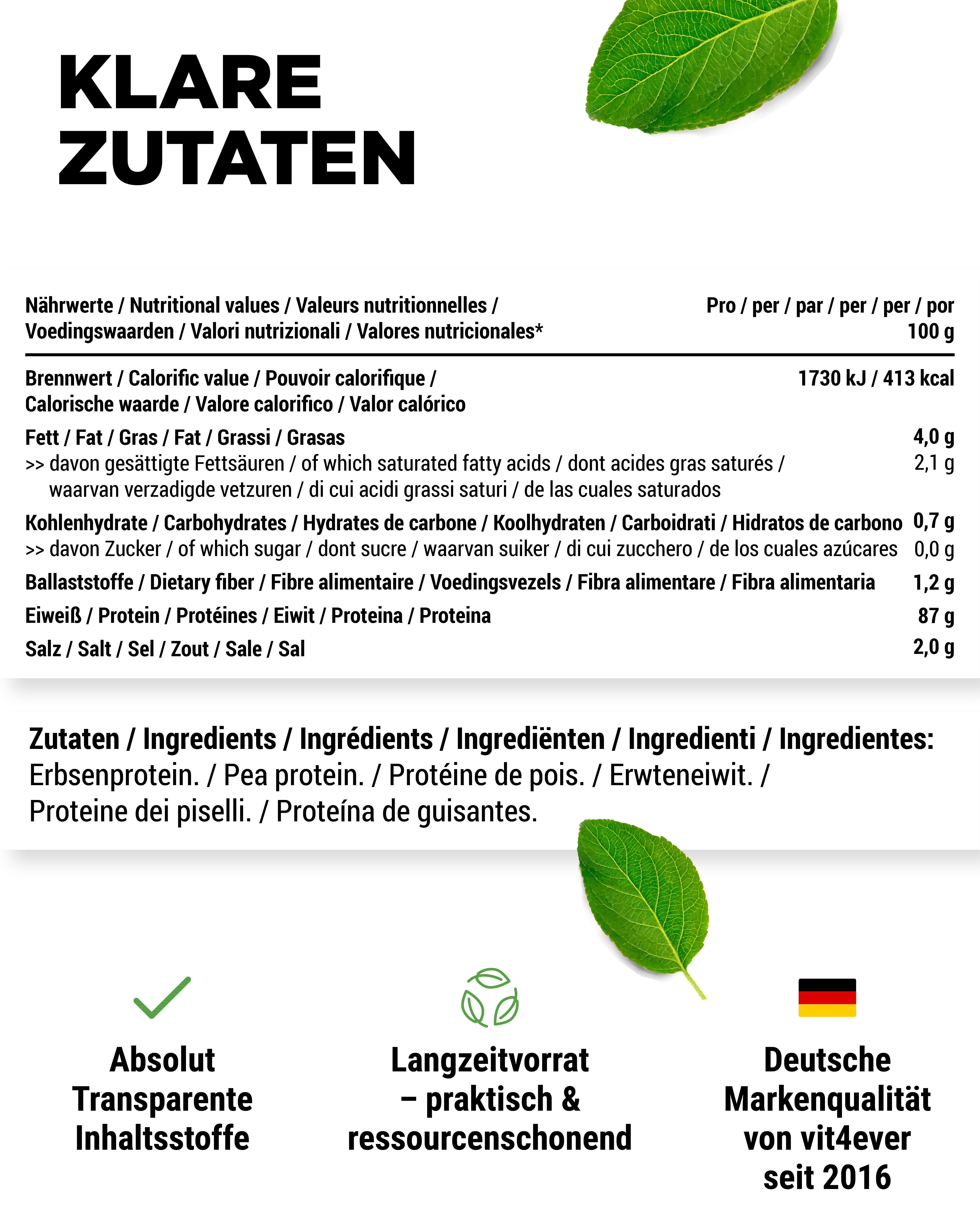 Nährwerttabelle. Text: Zutaten: Erbsenprotein. Text: Deutsche Markenqualität von vit4ever seit 2016. Blatt.