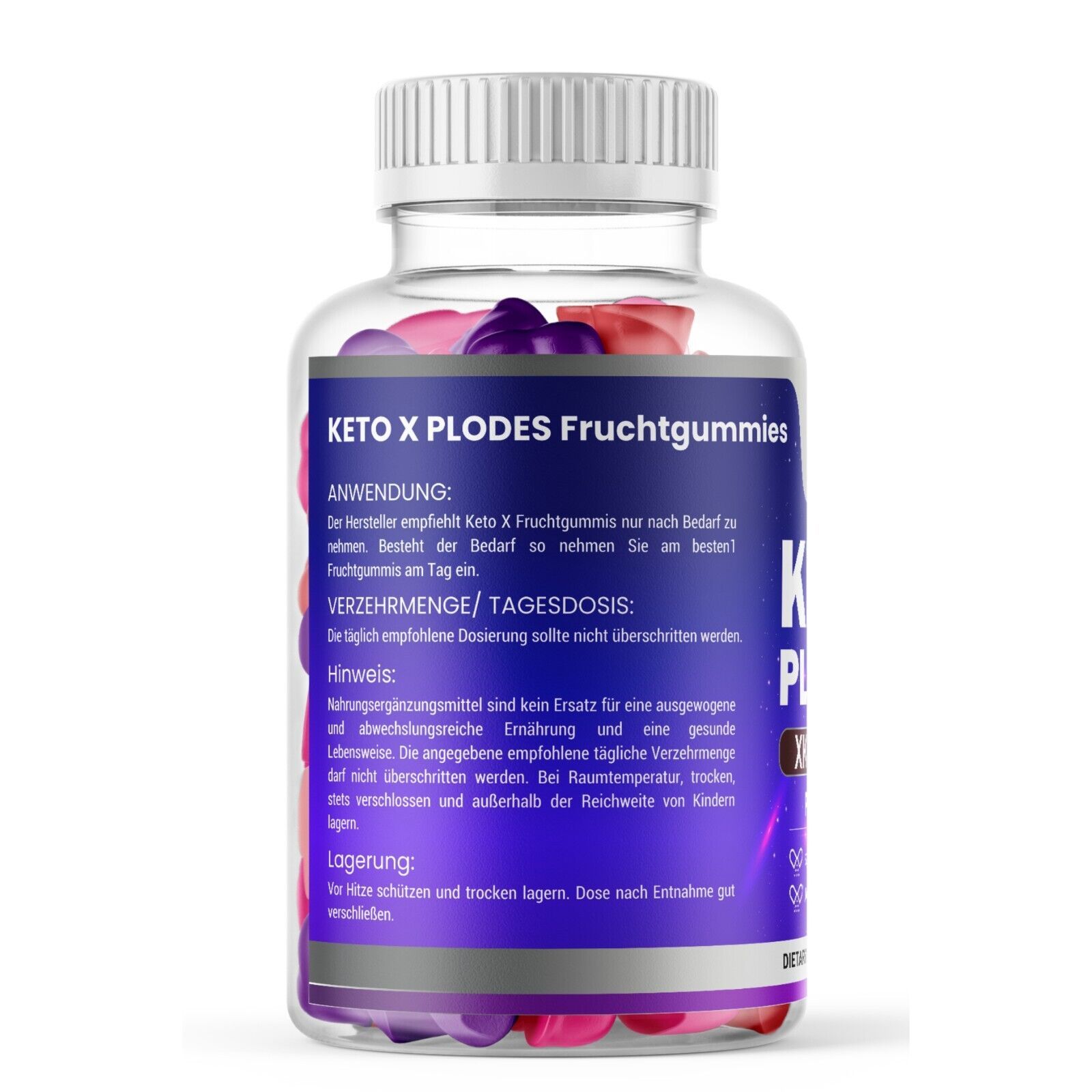 Klare Flasche mit KetoX Plodes Fruchtgummis. Etikett mit Produktinformationen und Inhaltsstoffen. Gummibärchen in verschiedenen Farben sichtbar.