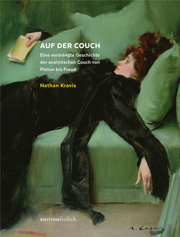 Buchcover: "Auf der Couch". Titel und Autor sichtbar. Frau liegt auf Couch, Buch in der Hand. Edition frölich.