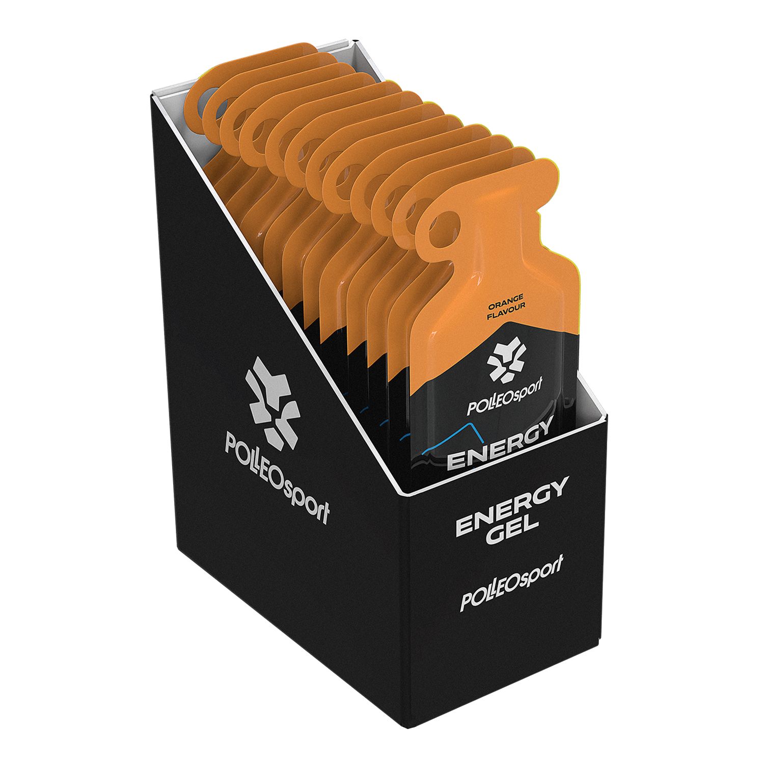 Schwarzer Karton mit mehreren orangefarbenen Gel-Beuteln. Text: "Energy Gel", "PolleoSport".