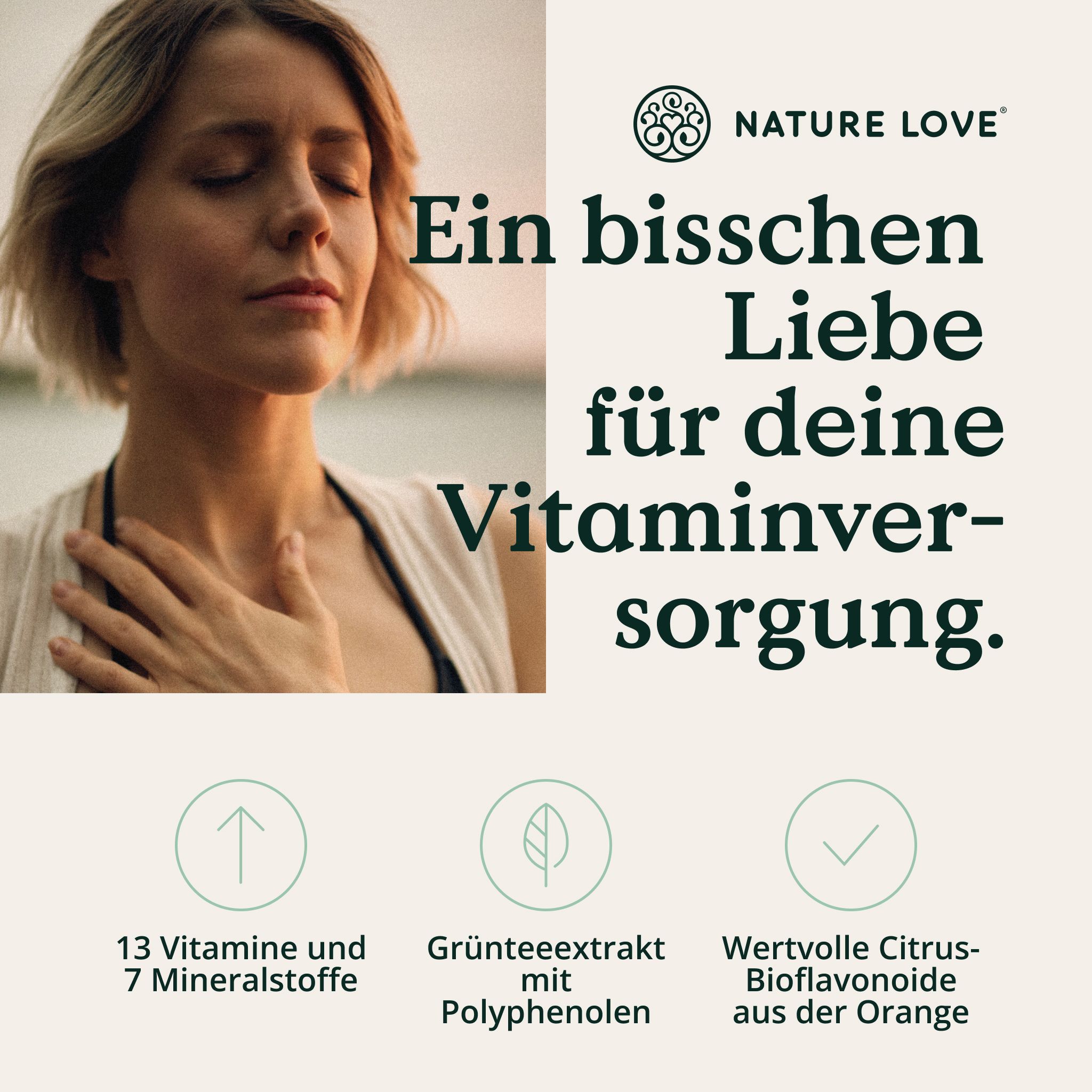 Frau mit geschlossenen Augen und Hand auf der Brust, neben Text über Vitamine und Mineralstoffe.