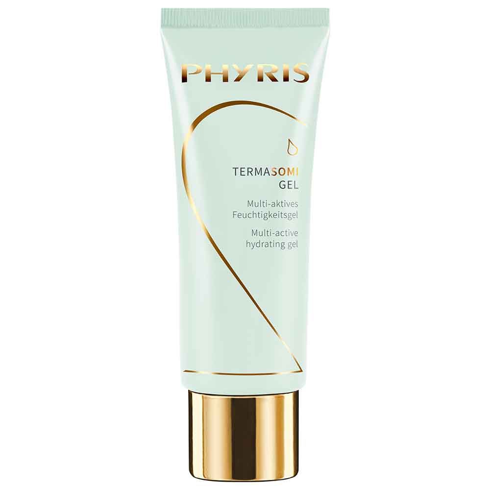 Hellgrüne Tube mit goldenen Akzenten. Aufschrift PHYRIS, TERMASOMI GEL, Multi-aktives Feuchtigkeitsgel, Multi-active hydrating gel.