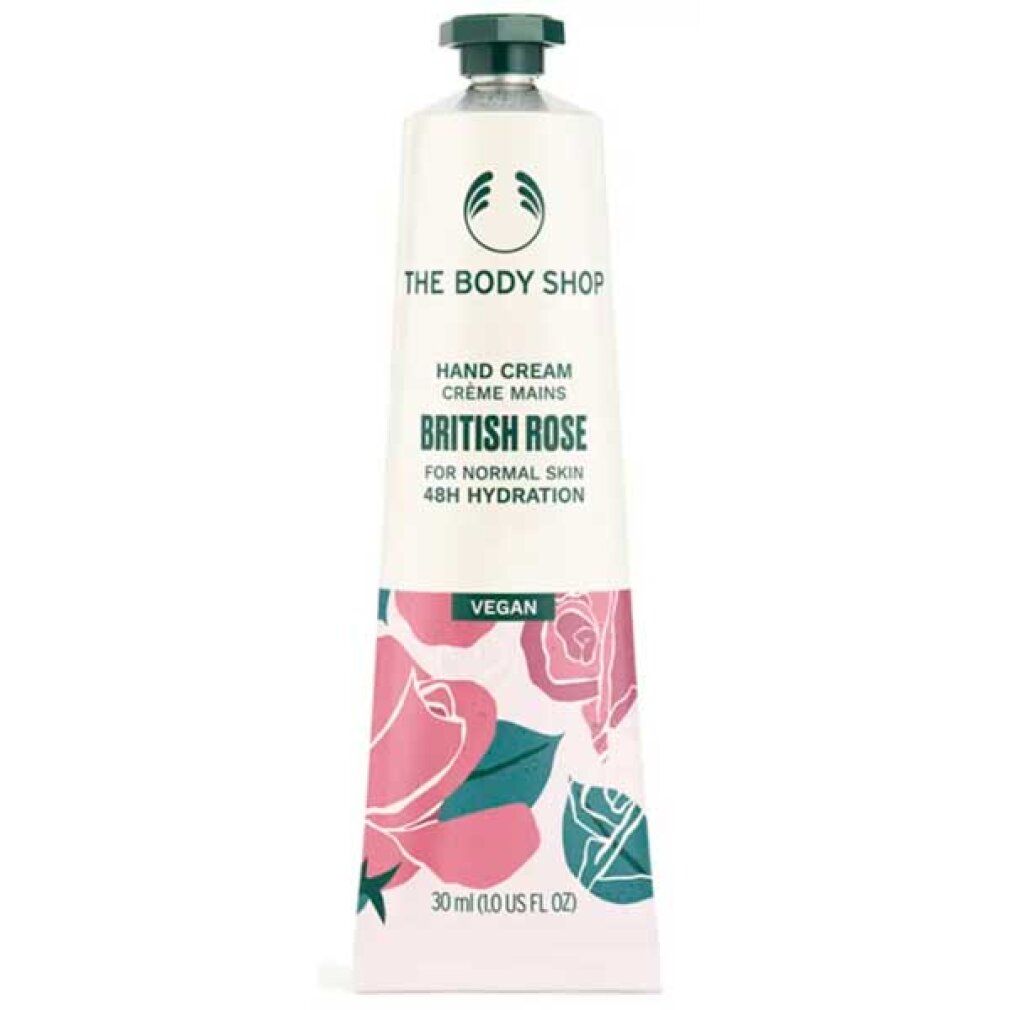 Creme-Tube mit Aufschrift "The Body Shop", "British Rose", für normale Haut. Vegan. Rosenmuster.