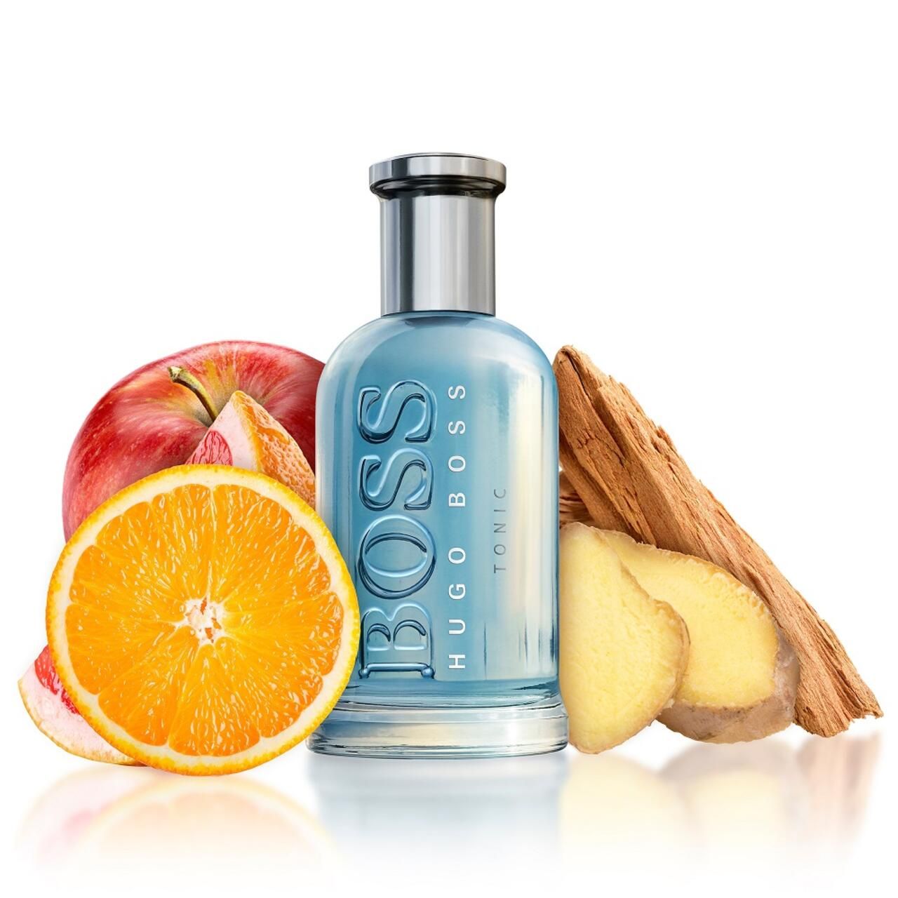 Hellblaues Parfumflakon mit Früchten und Gewürzen. Geprägt: BOSS HUGO BOSS TONIC.