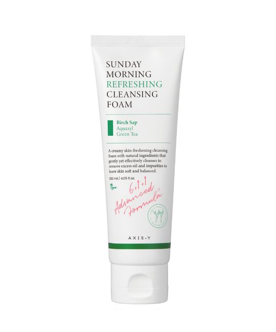Tube mit Aufschrift: Sunday Morning Refreshing Cleansing Foam. Weiß, grün, rosa Schrift. 120 ml.
