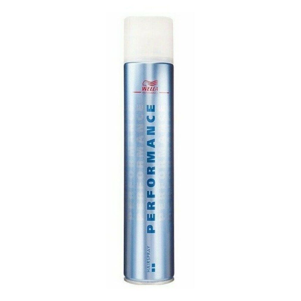 Blaue Haarspray-Dose mit weißem Deckel. Aufschrift: PERFORMANCE, HAISPRAY, WELLA-Logo.