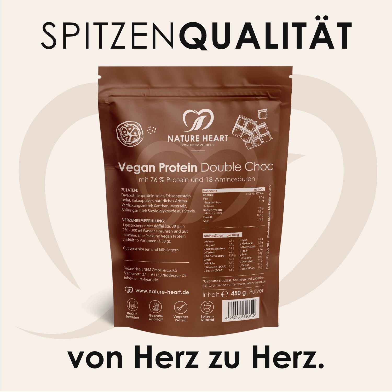 Braune Verpackung mit Produktinformationen und Nährwertangaben. Logo und Text: Vegan Protein Double Choc, 76% Protein, von Herz zu Herz.