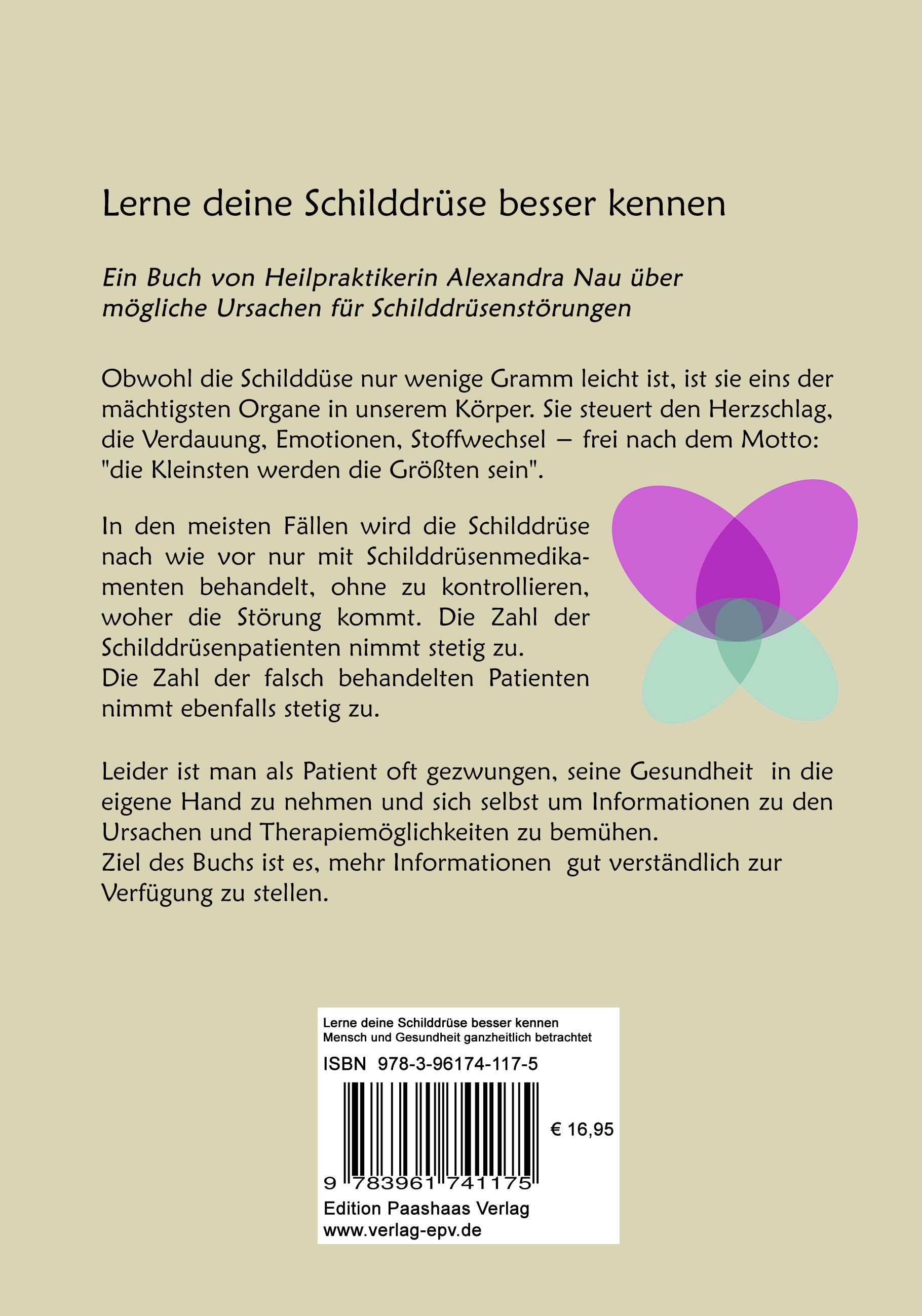 Buchrückseite: Titel "Lerne deine Schilddrüse besser kennen". Text, ISBN, Preis. Hintergrund beige, Schmetterling-Grafik.