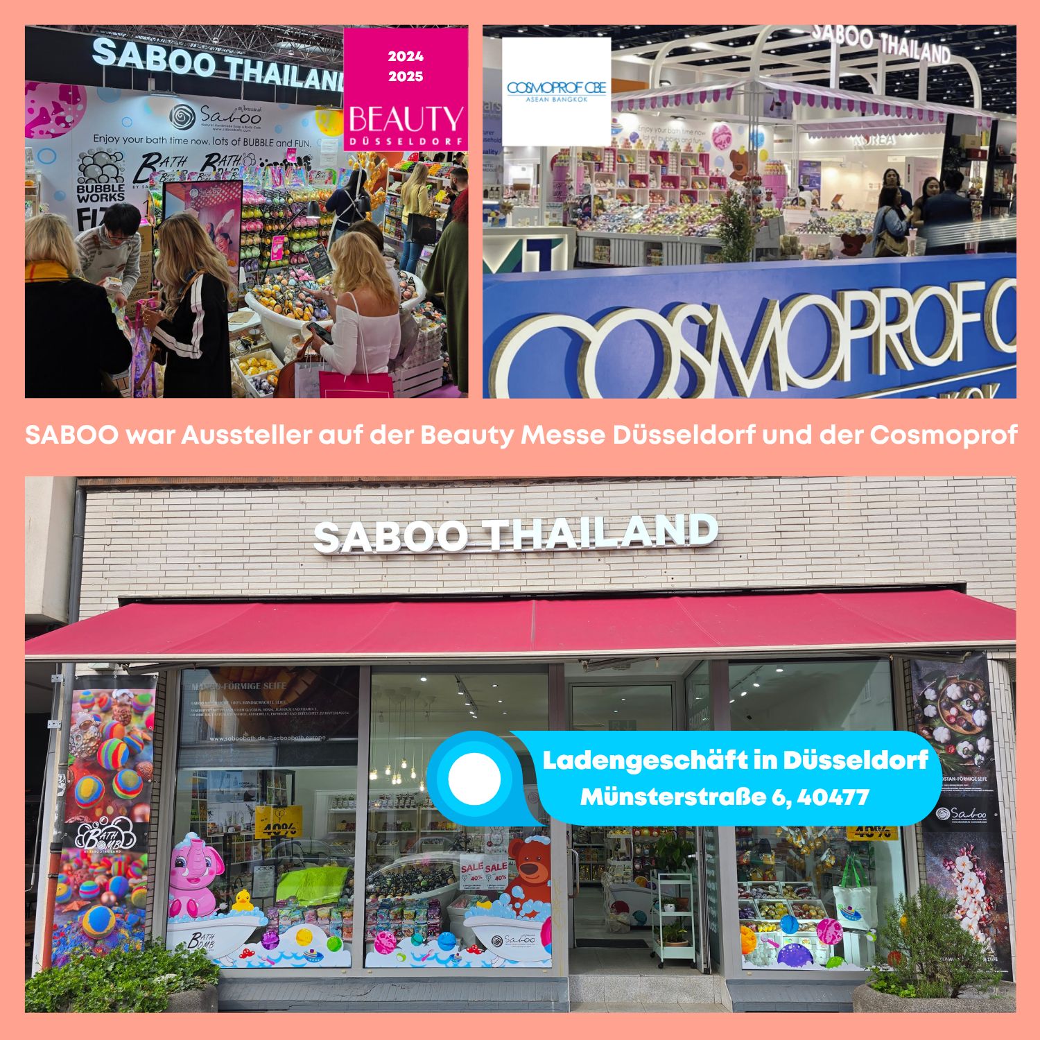 Fotos von Messen und einem Geschäft. SABOO Thailand. Text in Deutsch.
