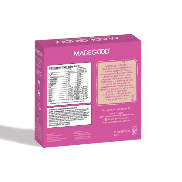 Rosa Verpackung mit Text und Nährwerttabelle. Marke: Made Good. Aufschrift: Glutenfrei, vegan. Nettogewicht: 120g.