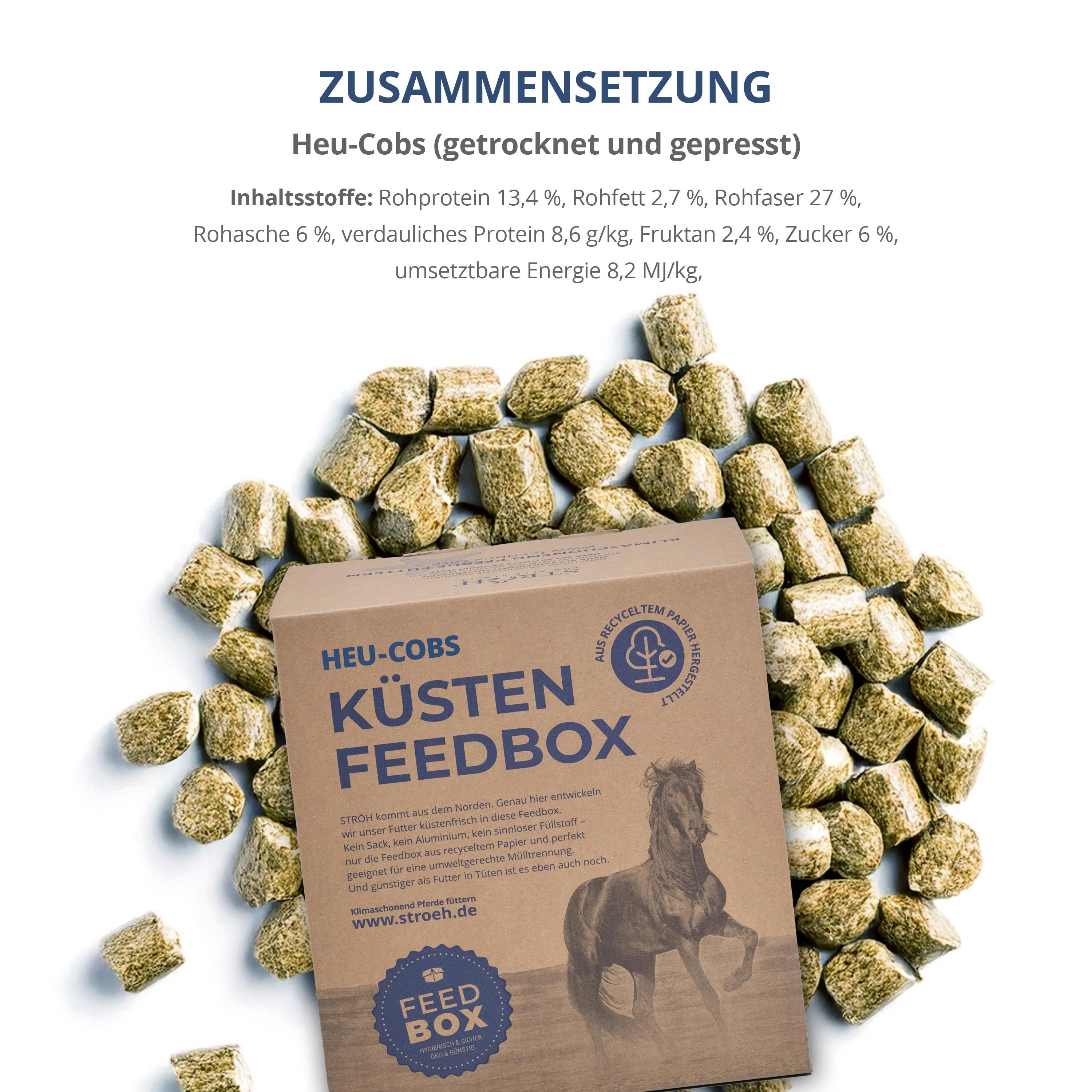 Karton "Küsten Feedbox" mit Heu-Cobs. Braune Box mit Logo und Pferd. Heu-Cobs-Pellets verstreut. Text: Zusammensetzung.