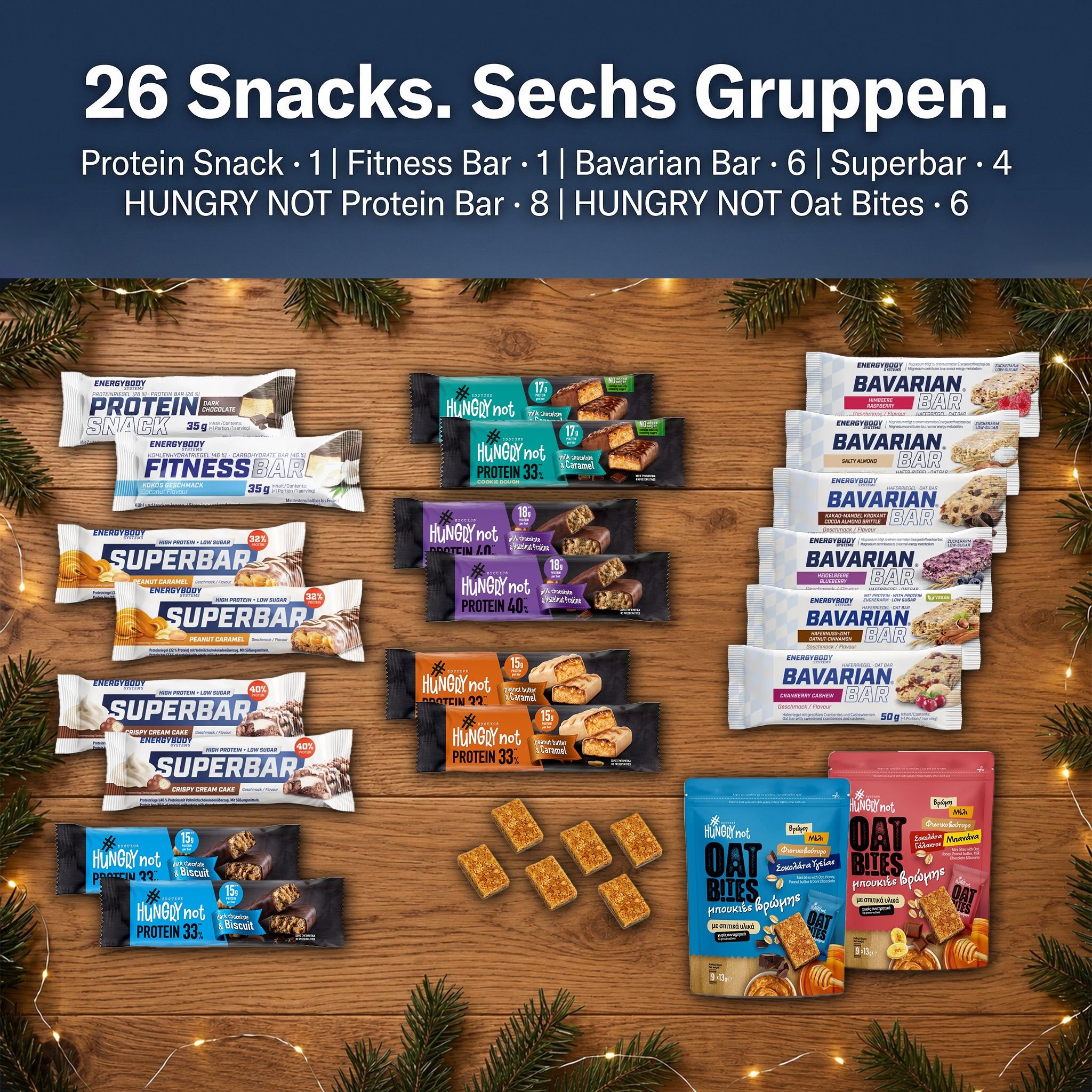 Adventskalender mit 26 Protein- und Oat Bars, aufgeteilt in sechs Gruppen.