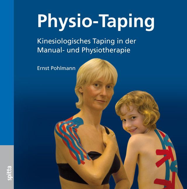 Buchcover mit Titel "Physio-Taping". Frau und Kind mit farbigem Tape auf der Haut. Autor: Ernst Pohlmann.