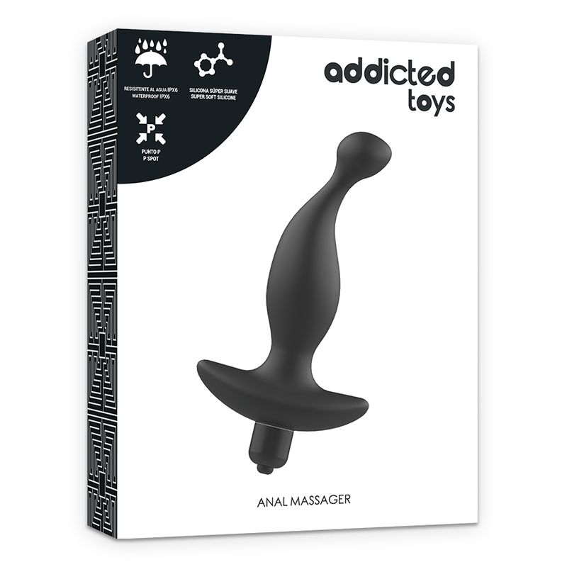 Verpackung mit schwarzem Analvibrator. Aufdruck: Addicted Toys, Anal Massager. Icons für wasserdicht und Silikon.