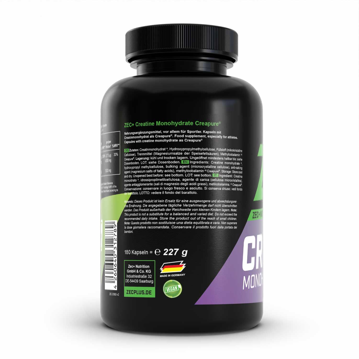 Schwarze Flasche mit grünem und violettem Etikett. Text: ZEC+ CREATINE MONOHYDRATE Creapure. 150 Kapseln, 227 g. Vegan-Siegel.
