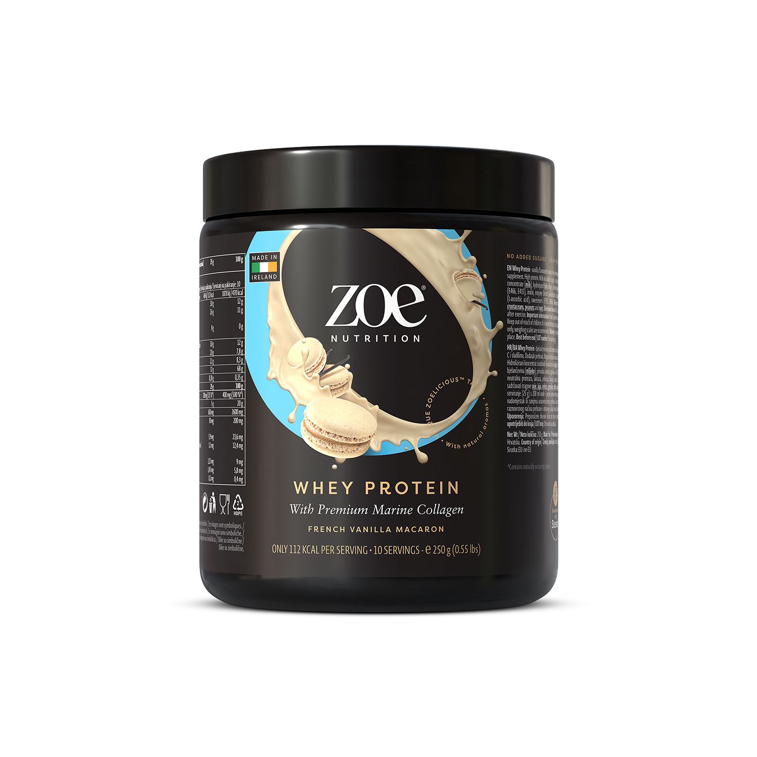 Schwarze Dose mit "zoe Nutrition" und "Whey Protein" Aufschrift. Abbildung von Macarons und Produktinformationen.