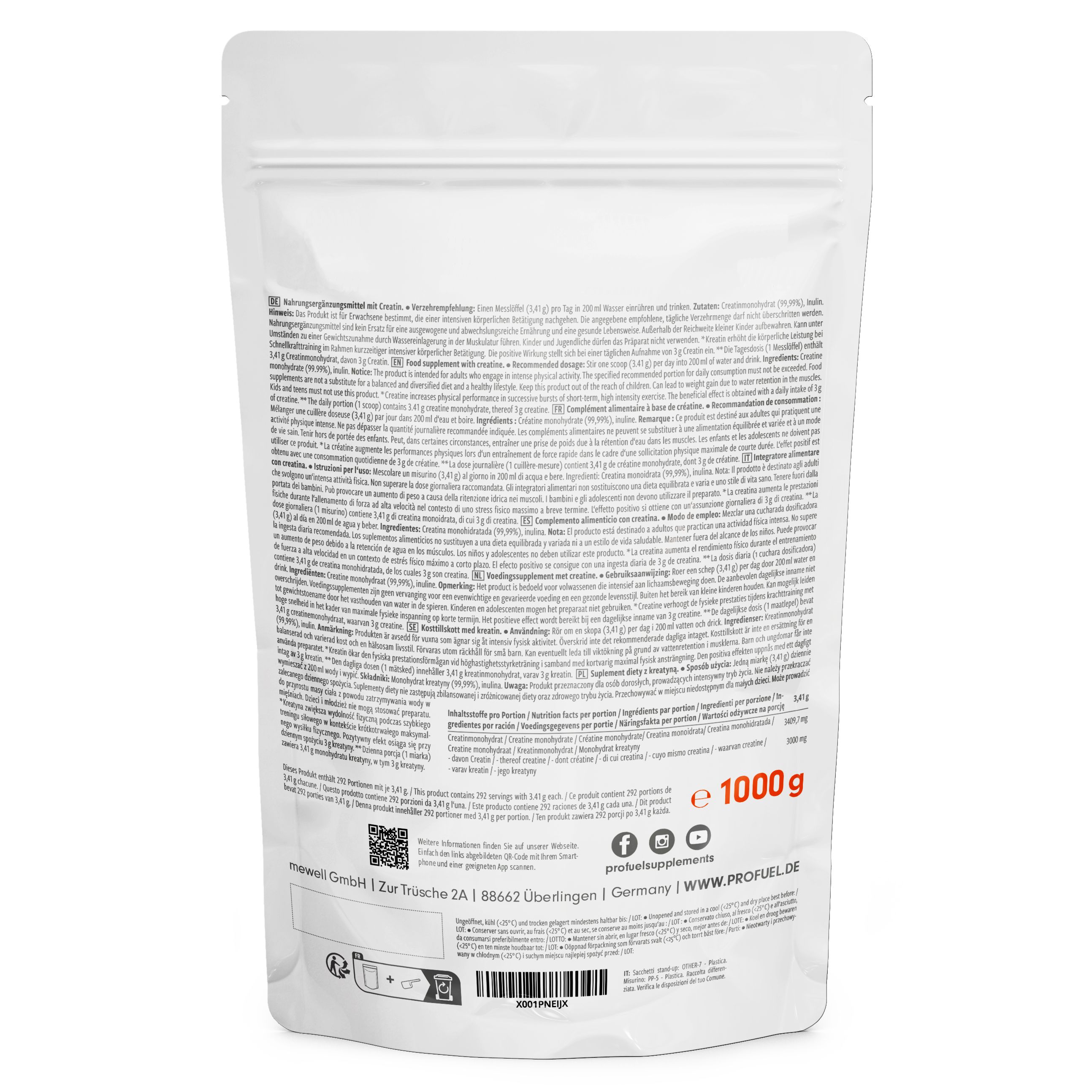 Rückseite einer weißen Tüte mit Text. Text in mehreren Sprachen. Produktname: CREATINE Monohydrate. Logo: PROFUEL.