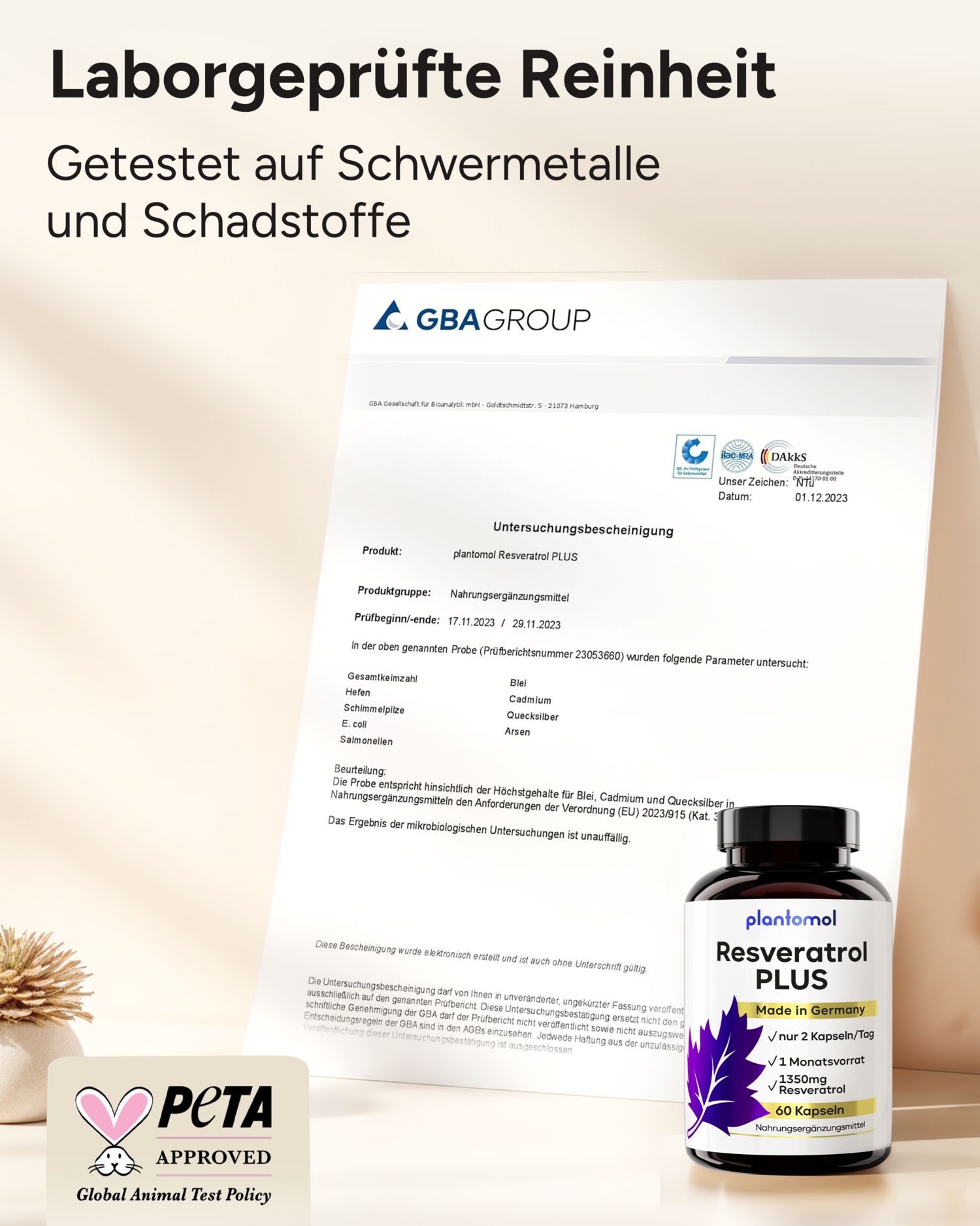 Laborbericht und Flasche plantomol Resveratrol PLUS. Text: Laborgeprüfte Reinheit, getestet auf Schwermetalle und Schadstoffe. PETA-Logo.