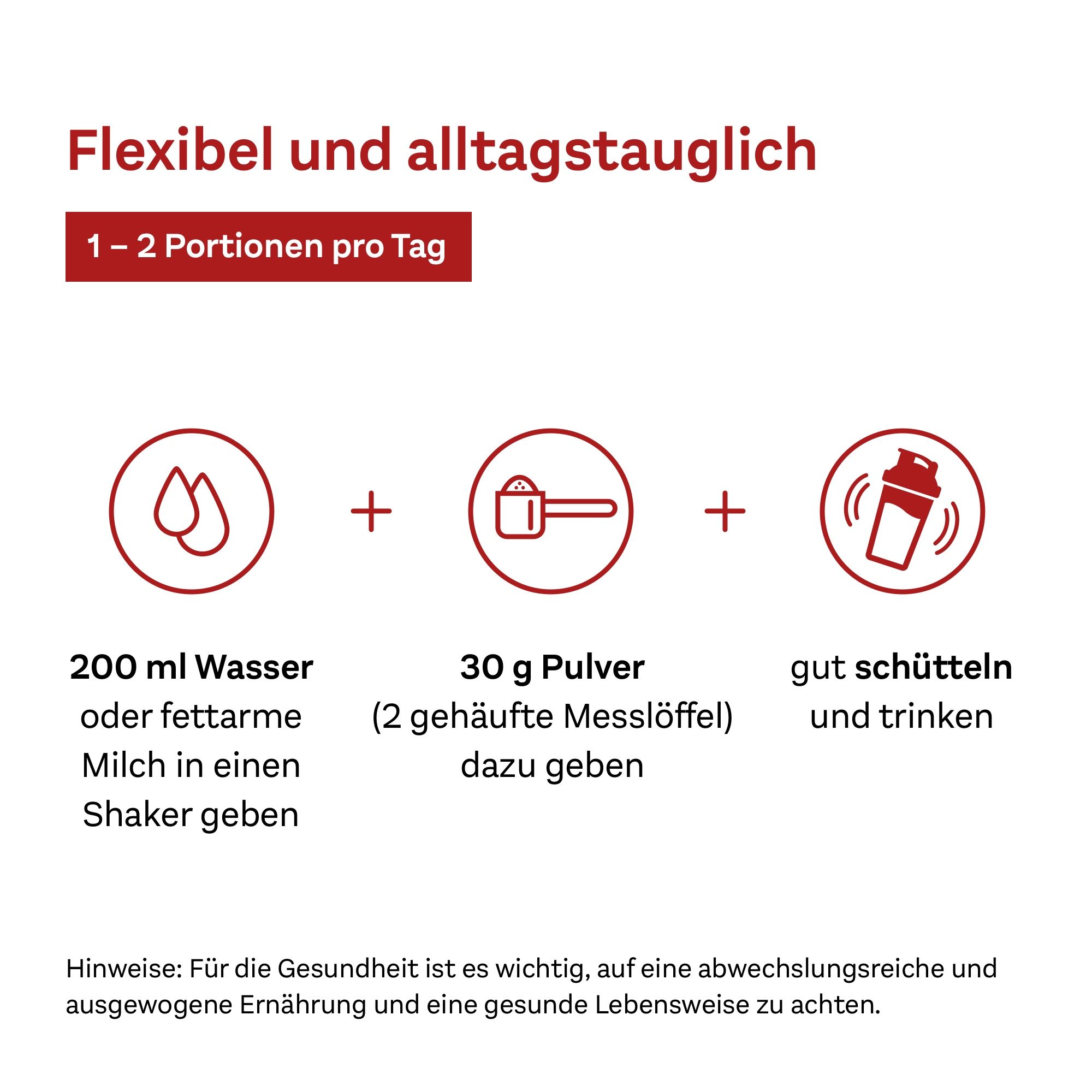 Grafische Darstellung der Zubereitung: 200 ml Wasser + 30 g Pulver + schütteln. Text: Flexibel und alltagstauglich.