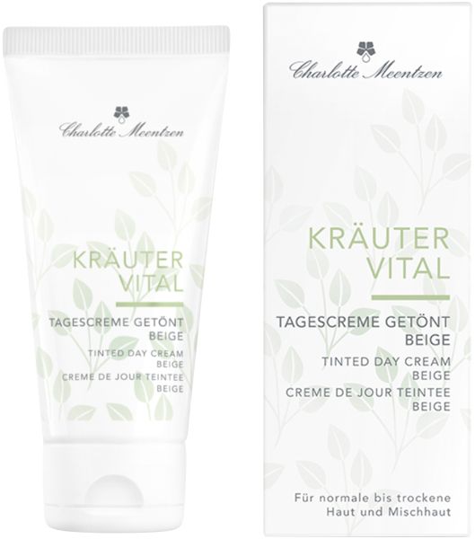 Creme-Tube und Verpackung. Aufschrift: Kräutervital Tagescreme getönt Beige. Marke: Charlotte Meentzen. Blätter-Dekor.