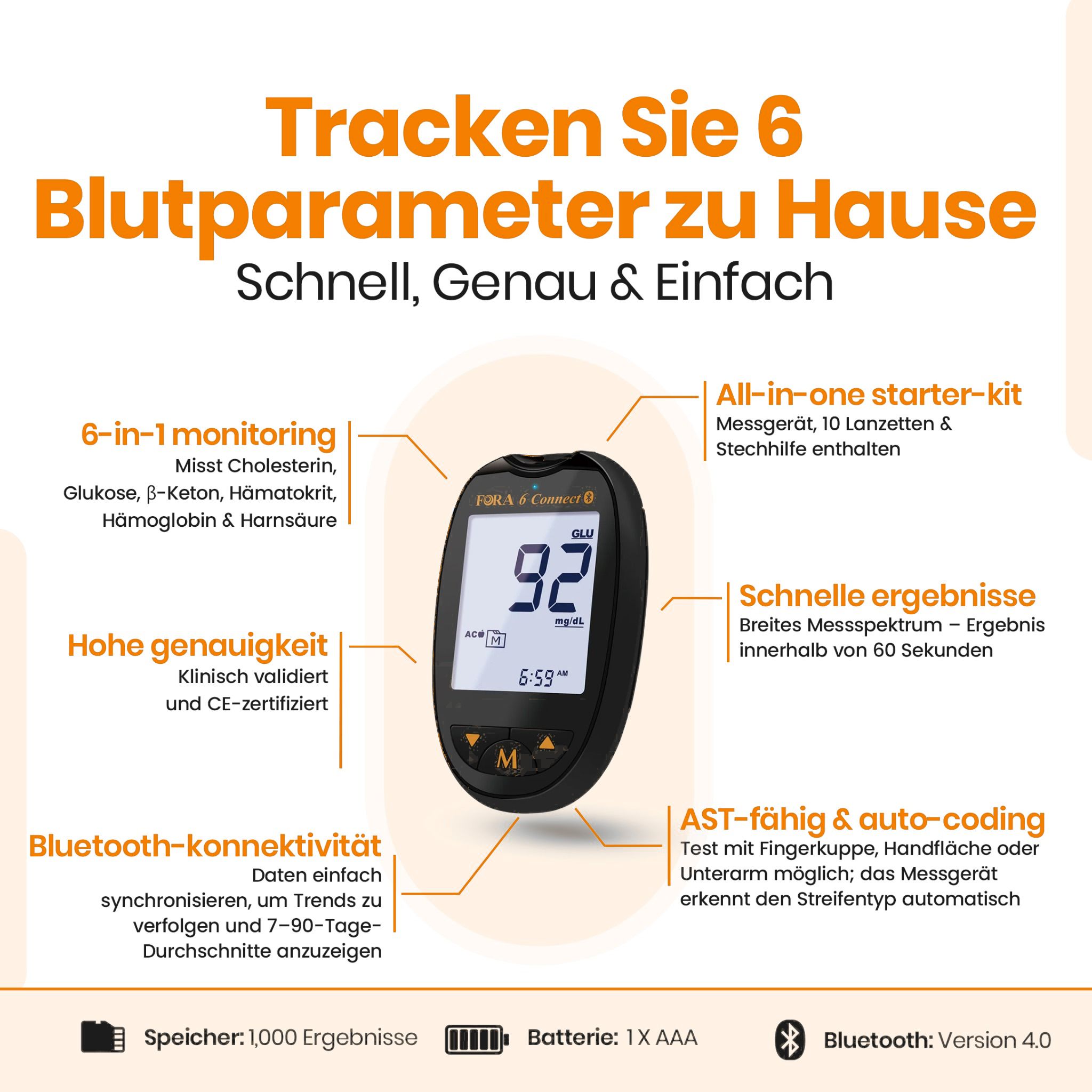 Schwarzes Blutzuckermessgerät mit LCD-Display, das 92 anzeigt. Enthält 6-in-1-Überwachung, Bluetooth und CE-Zertifizierung.