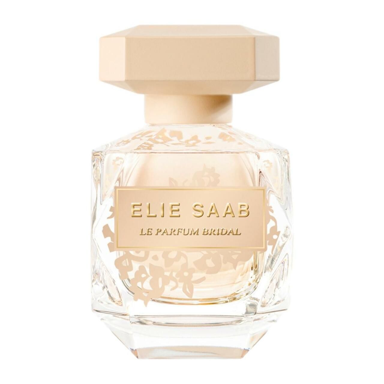Glasflakon mit beigem Deckel. Aufschrift: ELIE SAAB, LE PARFUM BRIDAL. Floral verzierter Flakon.