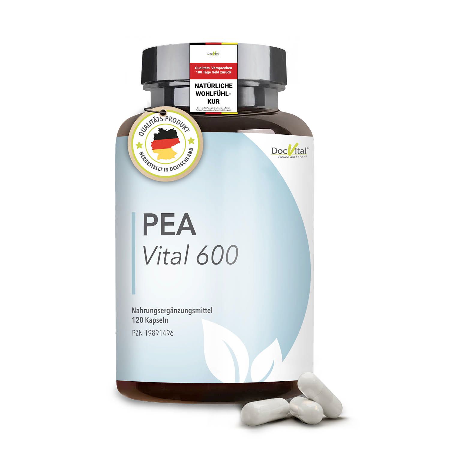Braune Dose PEA Vital 600 Kapseln. 120 Kapseln. Weiße Kapseln daneben. Qualitätsiegel.
