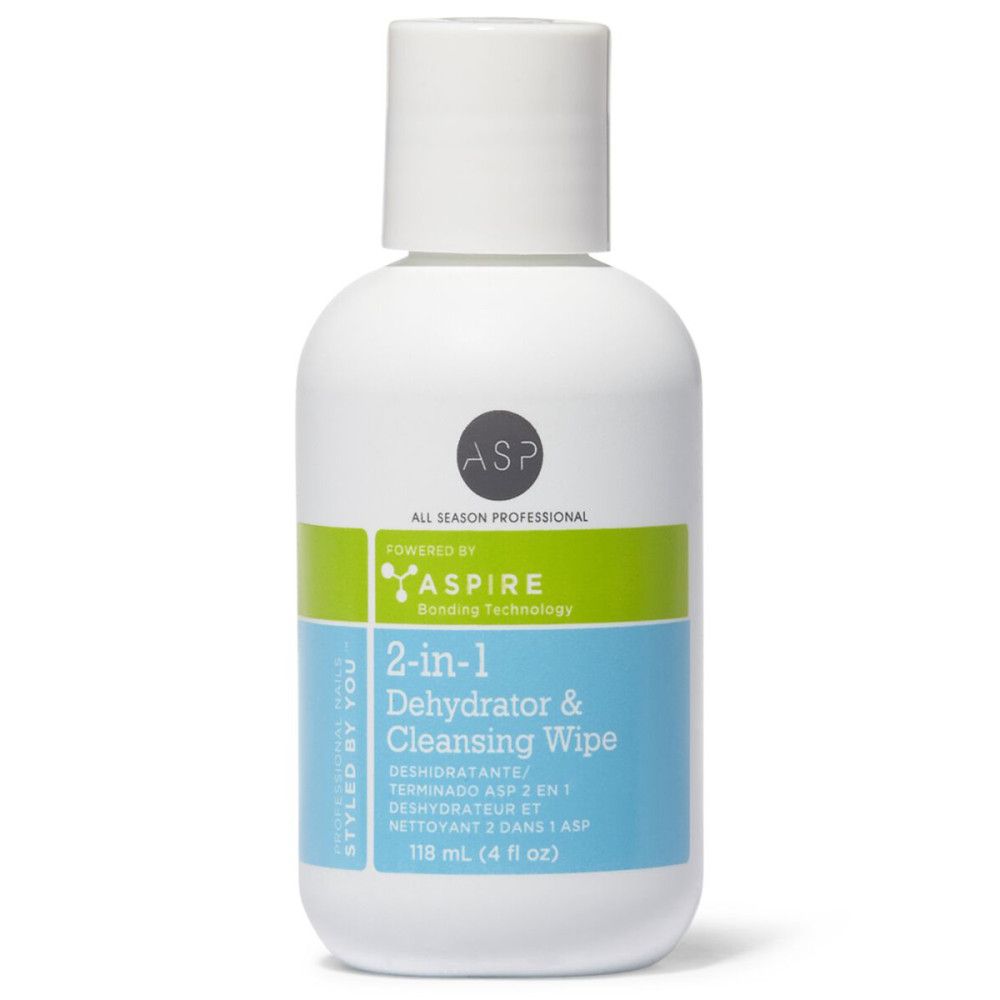 Weiße Flasche mit grün-blauem Etikett. ASP-Logo und Produktbezeichnung: 2-in-1 Dehydrator & Reinigungstuch. 118 ml.