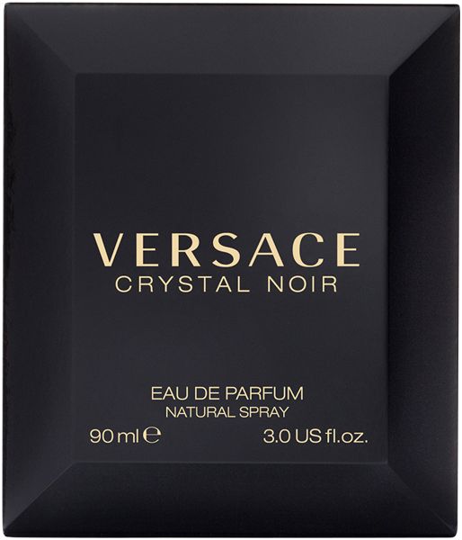 Schwarzer Karton mit goldener Schrift. Aufschrift VERSACE CRYSTAL NOIR. Eau de Parfum, Natural Spray.