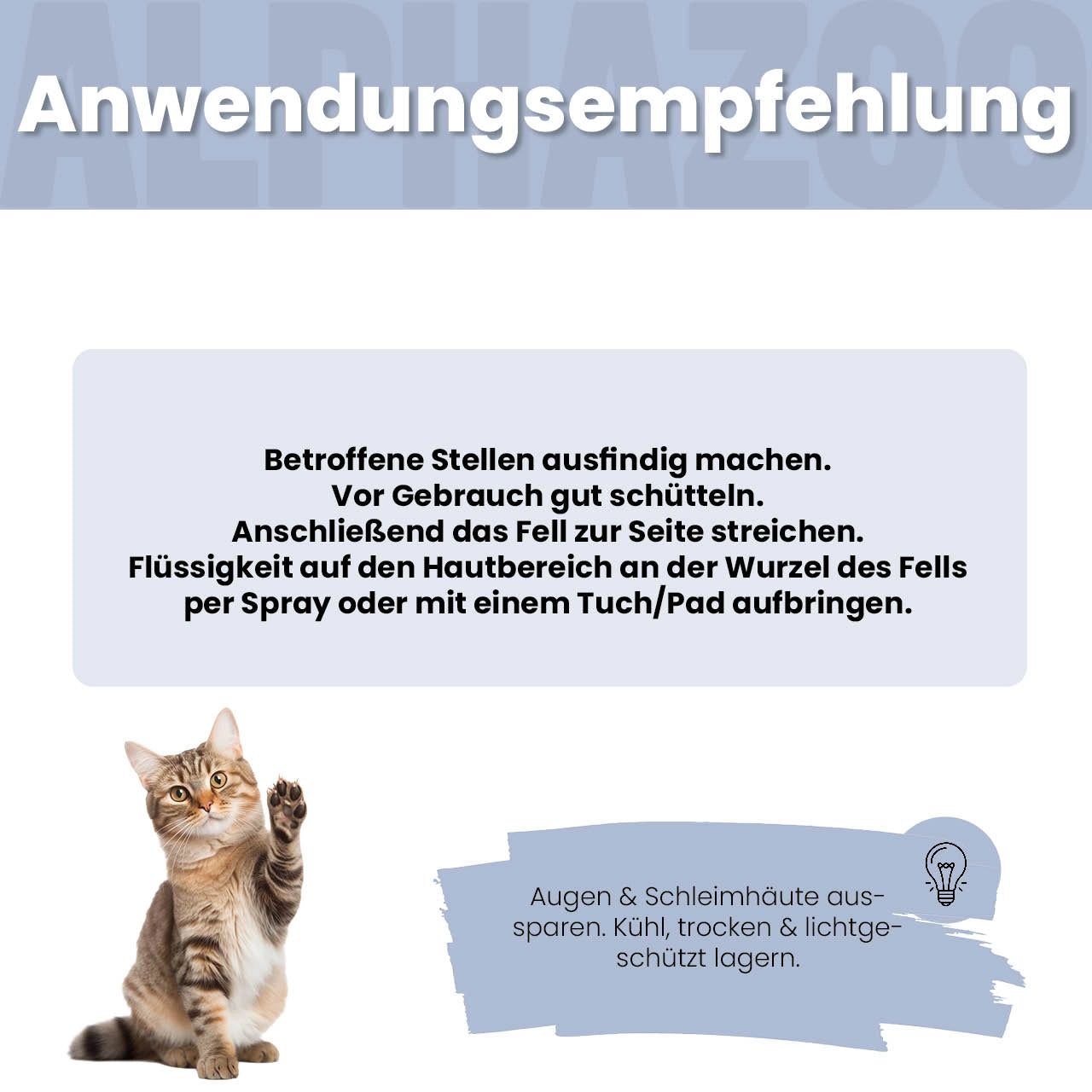 Anwendungsempfehlung. Text: Betroffene Stellen ausfindig machen. Vor Gebrauch gut schütteln. Katze hebt Pfote.