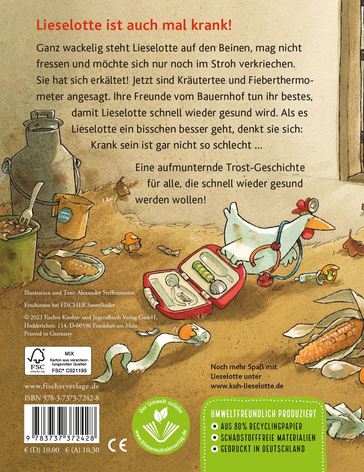 Buchrückseite: Text, Illustrationen von Kuh, Hühnern, Erste-Hilfe-Kasten, Milchkanne. FSC-Siegel, Umweltzeichen.