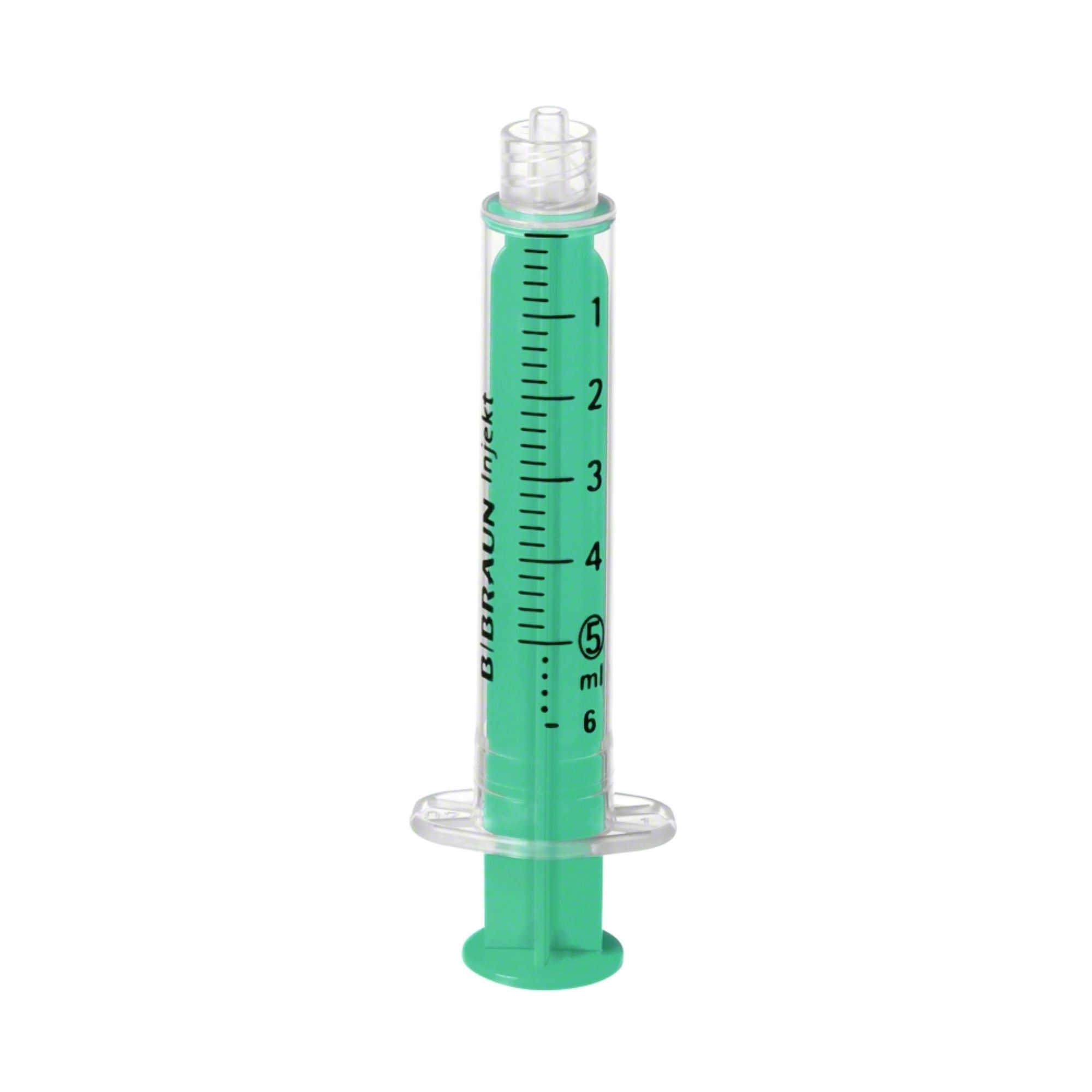 Grüne Spritze mit transparentem Kolben und Luer-Lock-Anschluss. Skala bis 6 ml. Aufschrift: B. Braun Injekt.