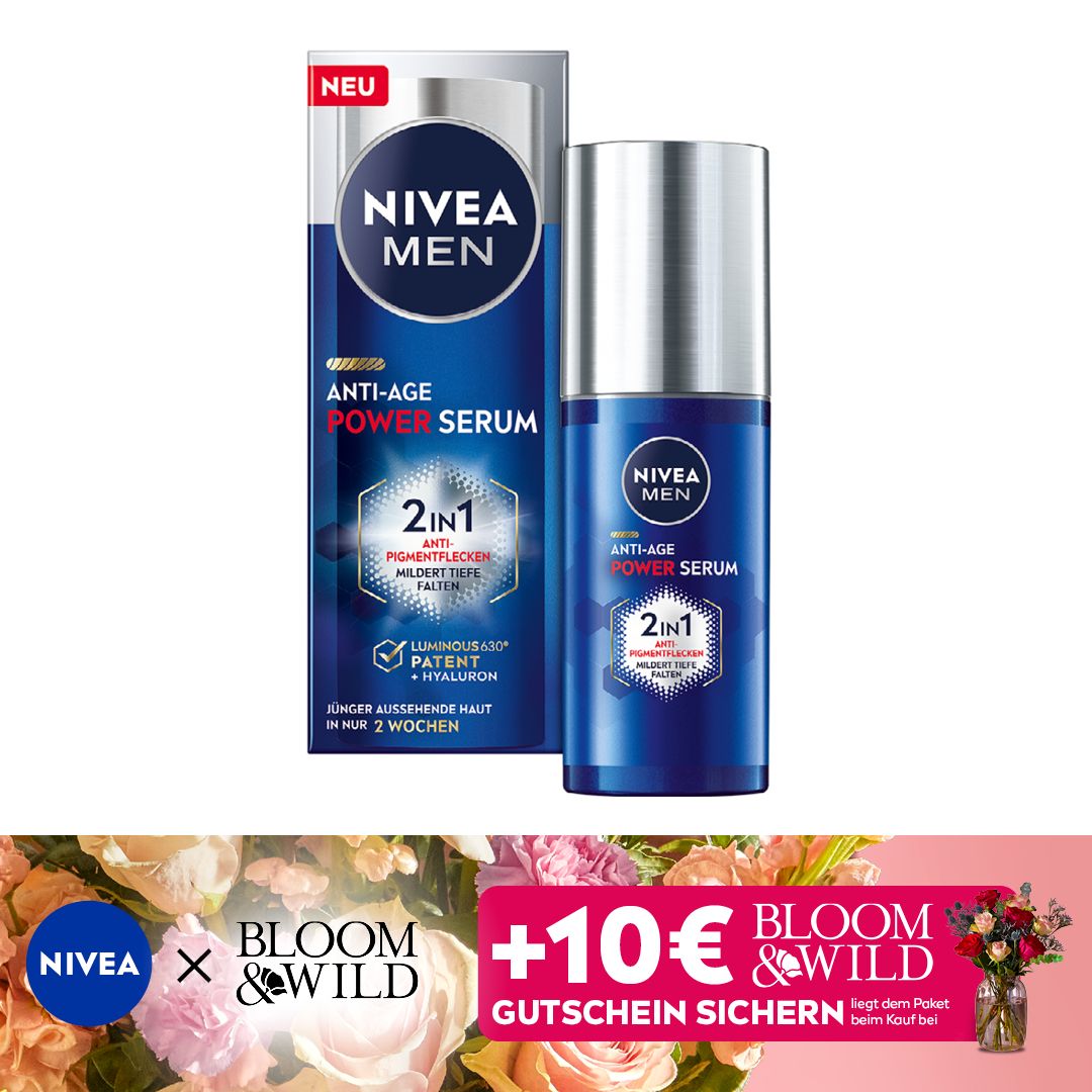 Produktverpackung von NIVEA MEN Anti-Age Power Serum. Mit Geschenkangebot von Bloom & Wild.
