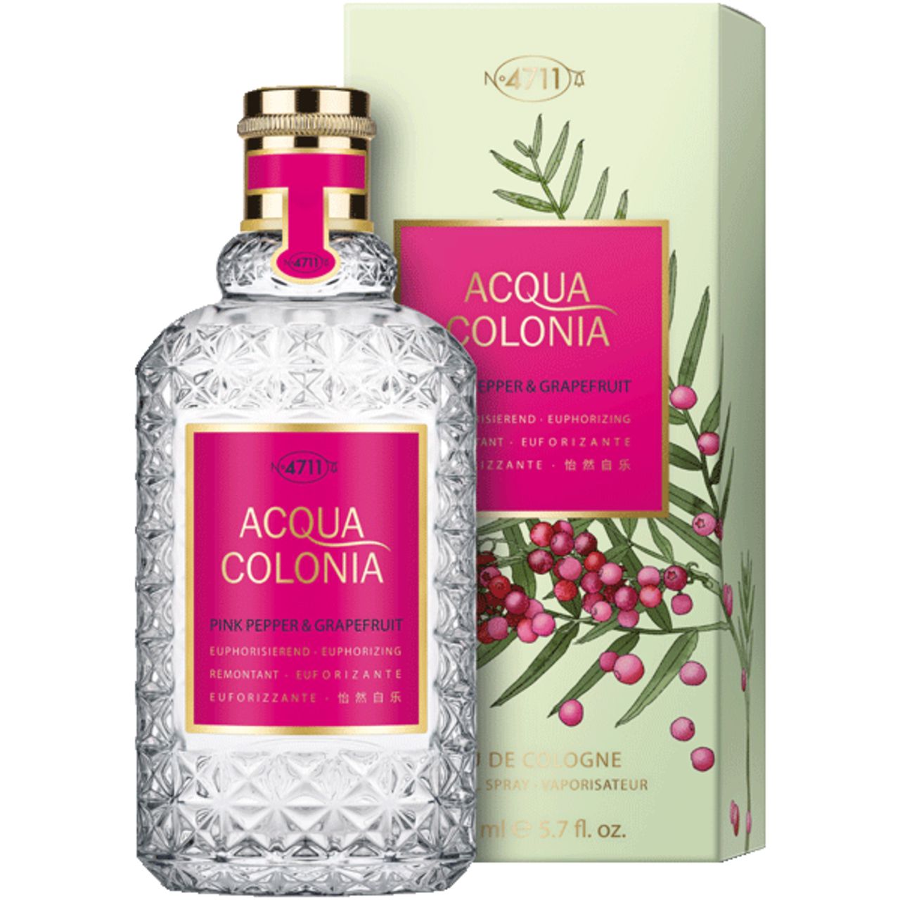 Flakon und Verpackung von Acqua Colonia. Rosa Etikett mit Schriftzug. Hellgrüne Schachtel mit floralem Muster und Produktnamen.
