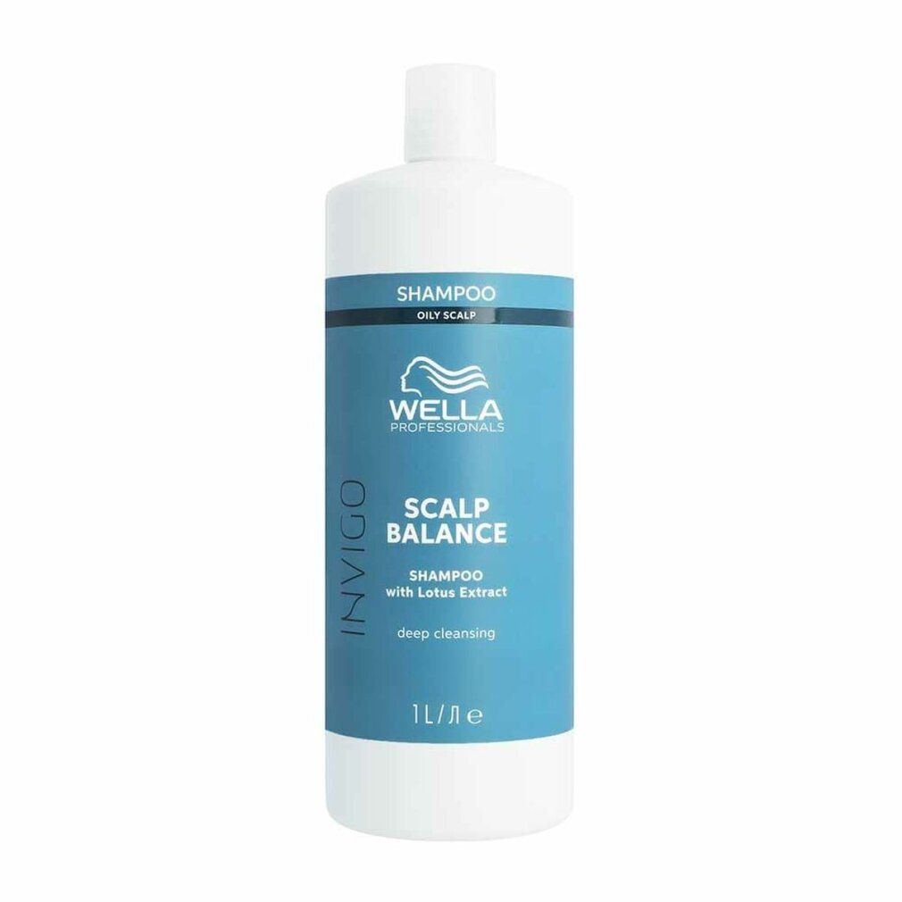 Weiße Flasche mit blauem Etikett. Text: INVIGO, SCALP BALANCE, Shampoo with Lotus Extract, 1L.