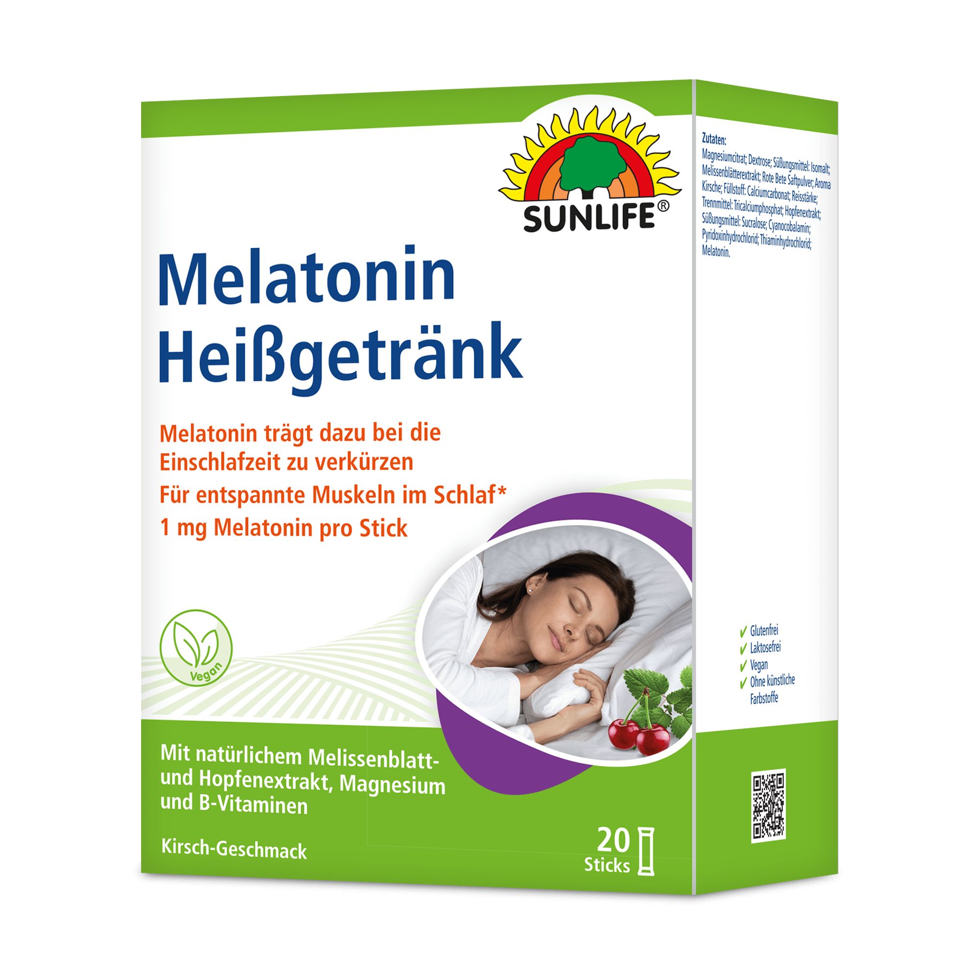 Verpackung von SUNLIFE® Melatonin Heißgetränk. Box mit Produktinformationen und Abbildung einer schlafenden Person. Kirschgeschmack.