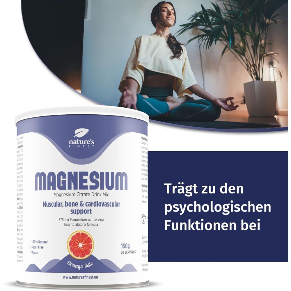 Frau meditiert neben Dose "Magnesium". Text: "Trägt zu den psychologischen Funktionen bei". Dose mit Inhaltsangaben und Orangen-Geschmack.