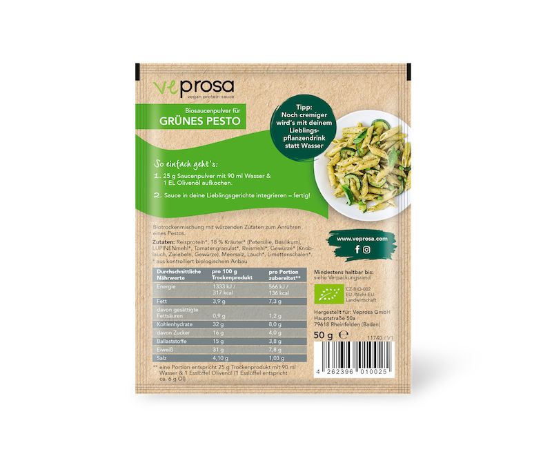 Rückseite der VEPROSA Bio-Saucenpulver-Verpackung. Text mit Nährwertangaben und Zubereitungshinweisen. Bio-Siegel und 50g-Angabe.